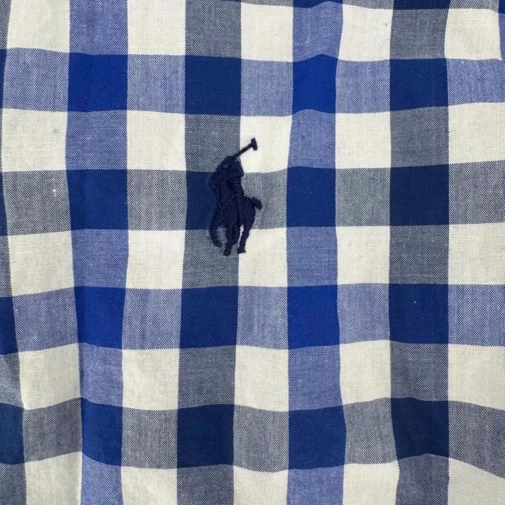 Ralph Lauren Boys Blue White Gingham Button Down Shirt Size L 14-16 Long Sleeve